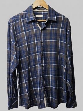 Age of Wisdom Blue Plaid Linen Blend Button Up Shirt Sz Large
